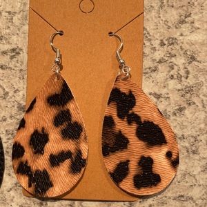 Faux leather cheetah tear drop shaped earrings